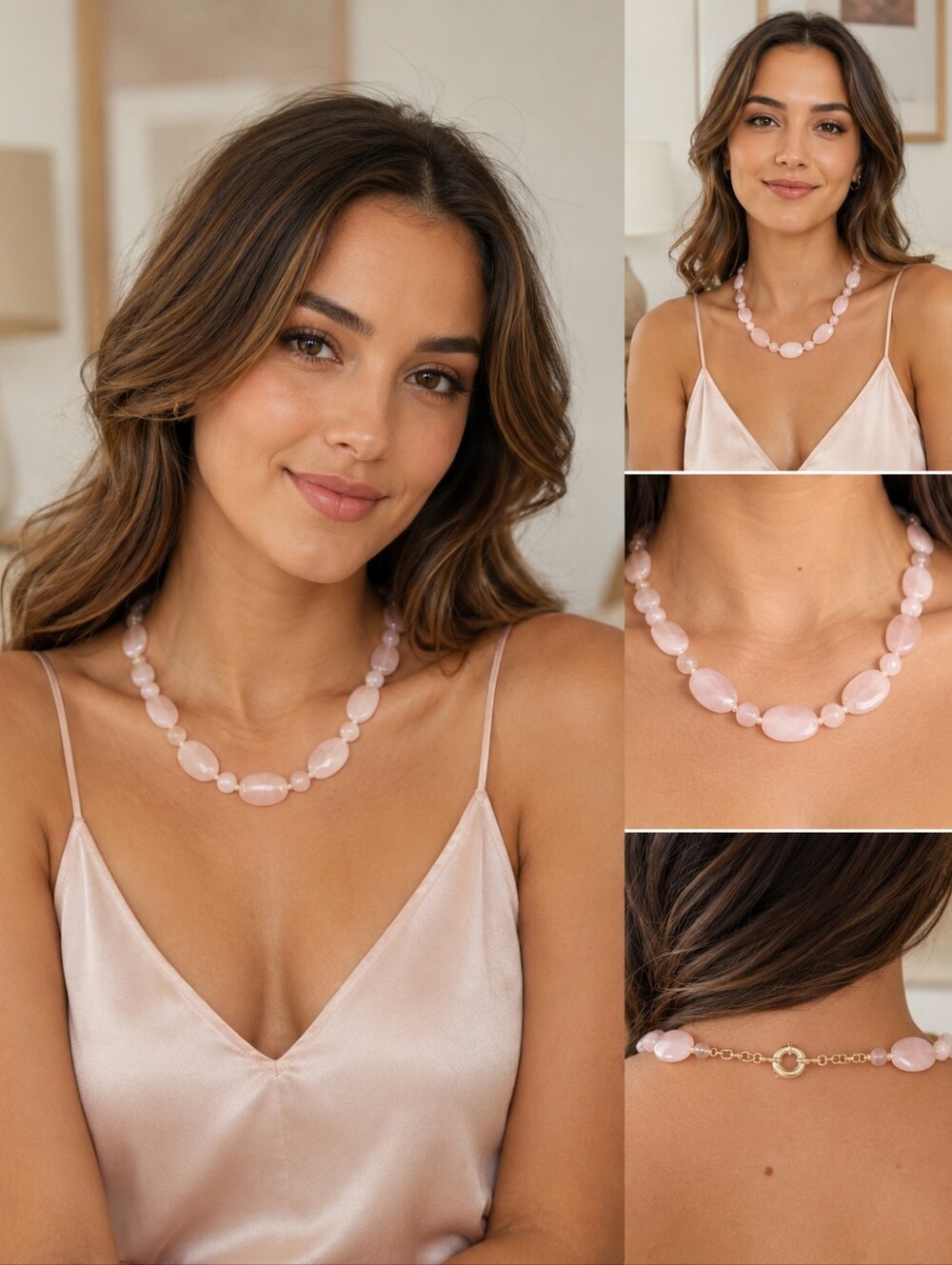 Rose Quartz Pink Beaded Statement Necklace Oval Stone Feminine Jewelry 8.50"